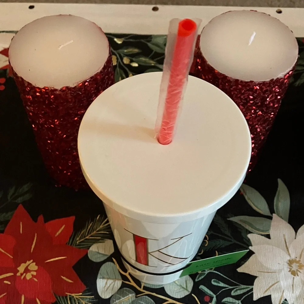 Kate Spade White Tumbler with Red and Gold Accents